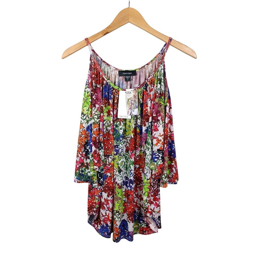 Karen Kane Floral Cold Shoulder Bell Sleeve Top Small Boho‎ Bloomcore Colorful S